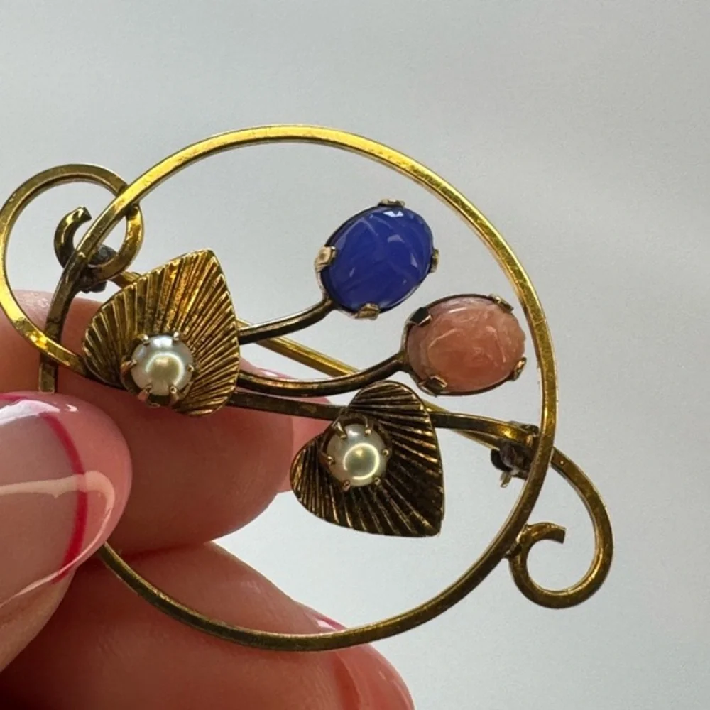 Antique 12 Karat Gold Filled Brooch Blue & Pink Stones w/Gold Leaves